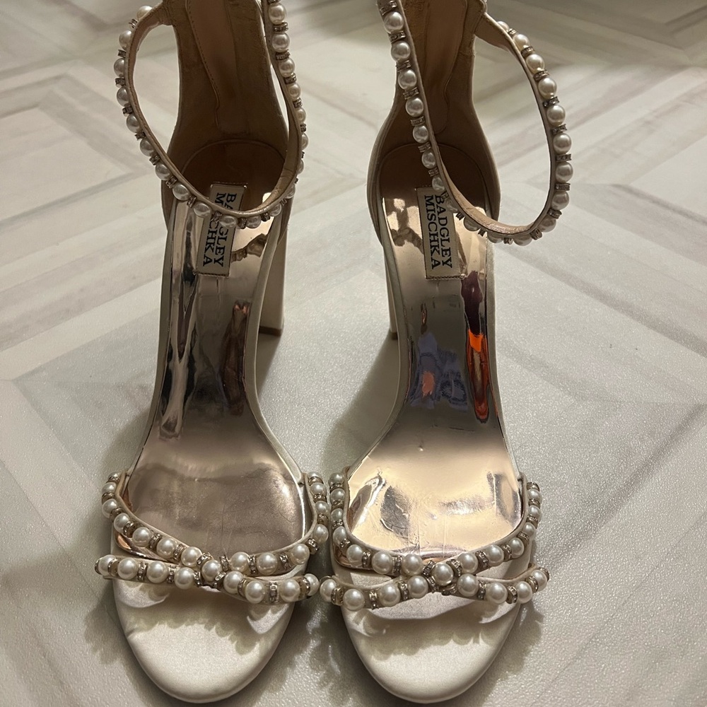 Badgley Mischka Pearl-Embellished Champagne Satin Heels